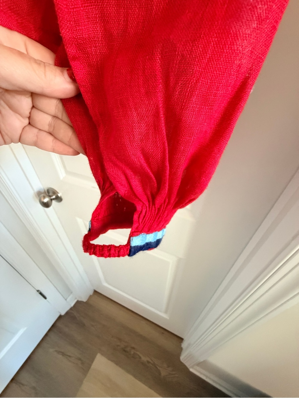 March 11 Red Embroidered Peasant Blouse with Blue Tassels - Picture 6 of 7